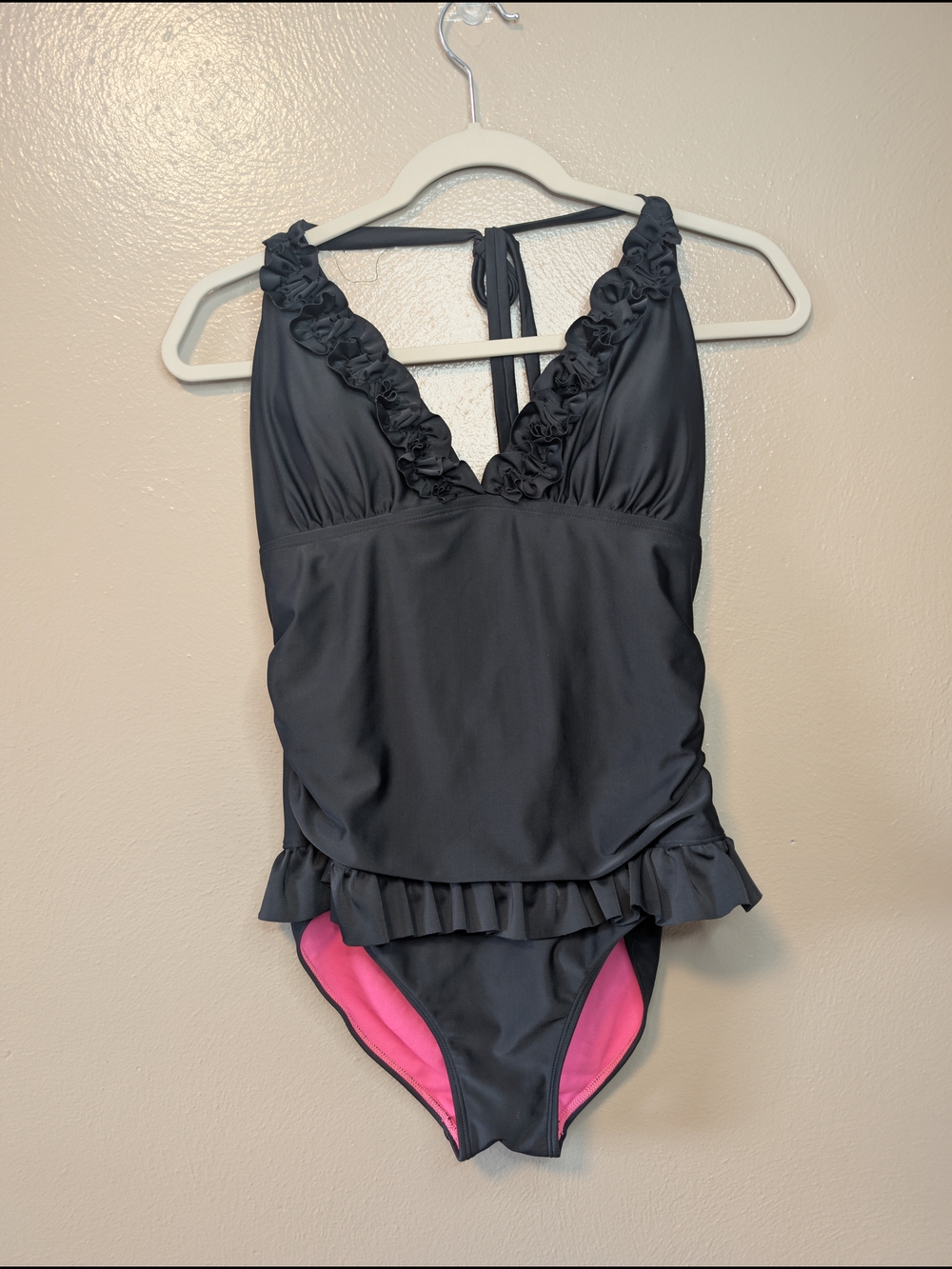 Joe Boxer Black and Hot Pink Ruffle-Trim One-Piece